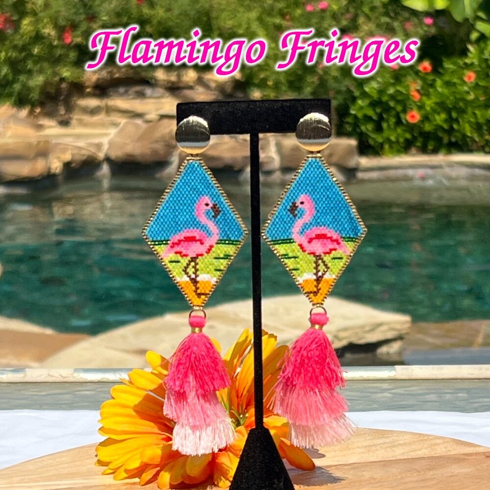 Handmade Beaded Pink Flamingo Long Tassel Fringe Dangle Drop Post Earrings Wow!